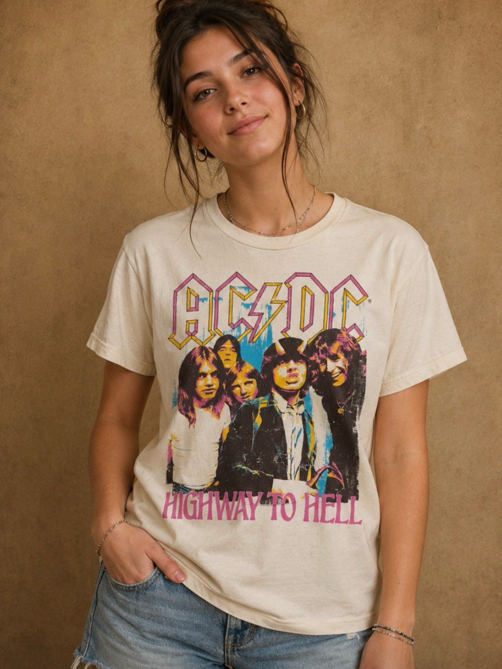 AC/DC Cream 'Highway to Hell' Short Sleeve Graphic Tee